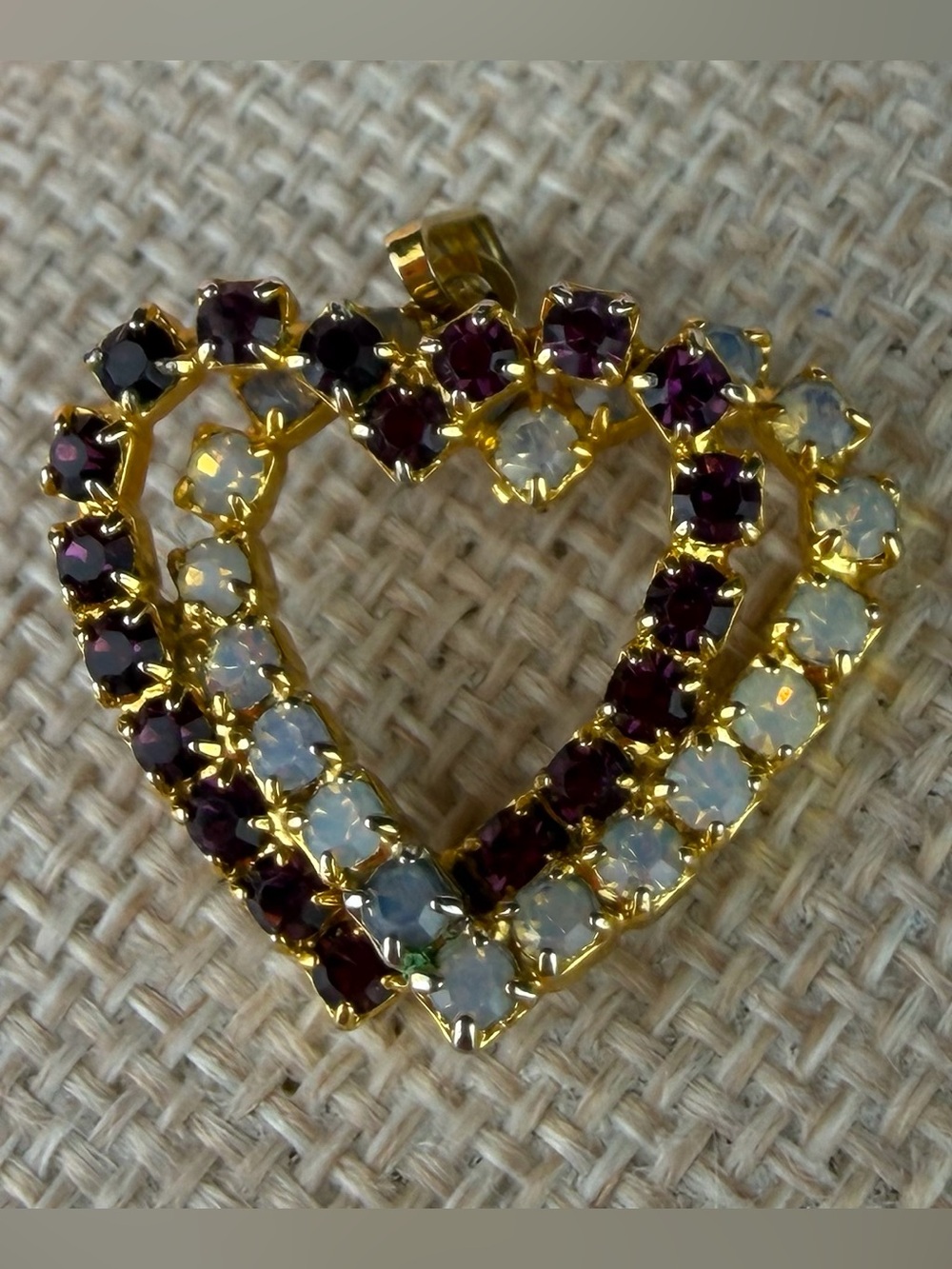 Vintage Y2K Gold Tone Amethyst Purple & Opal Glass Double Heart Pendant February